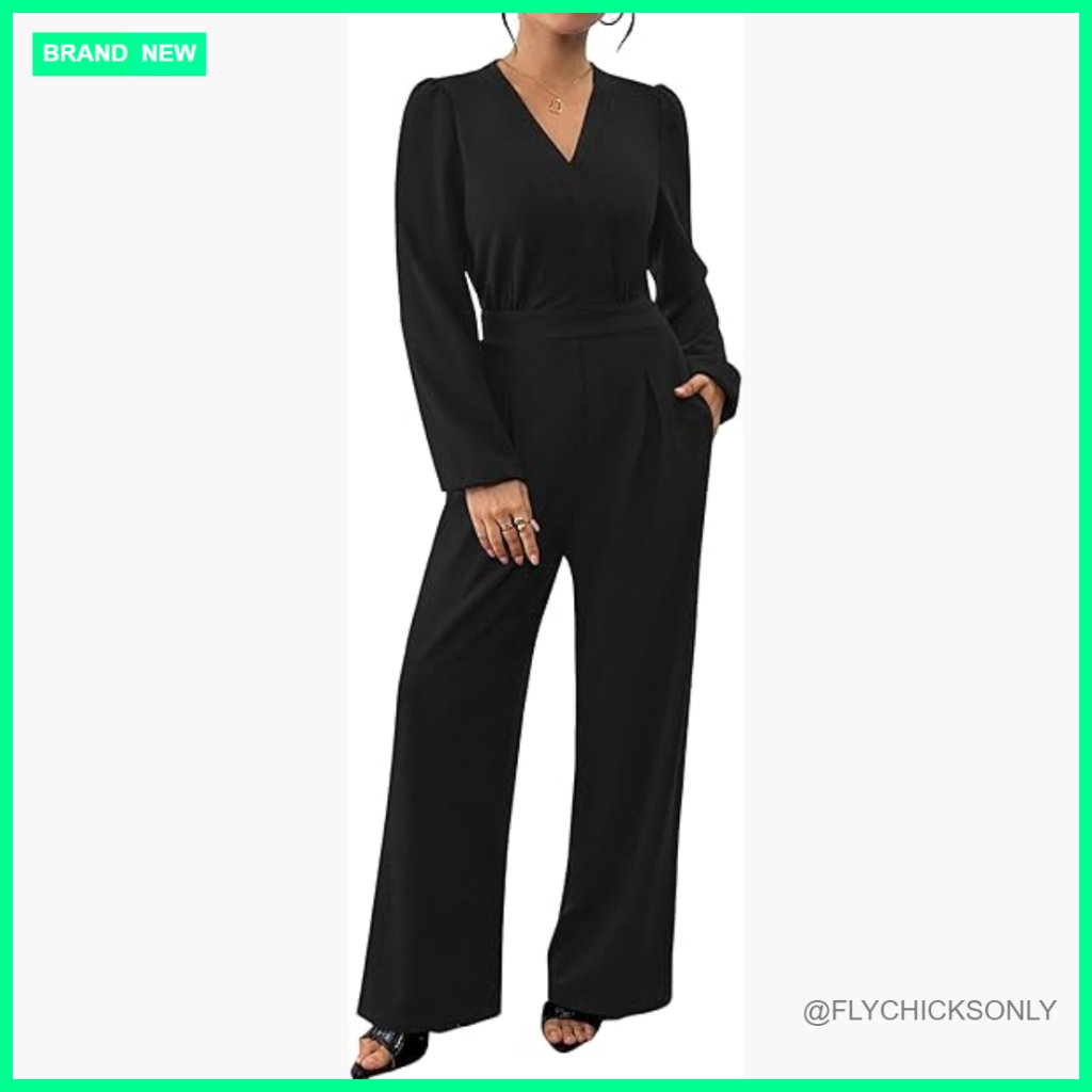 Long Sleeve V-Neck Wide Leg Jumpsuit Polyester Spandex Casual Travel